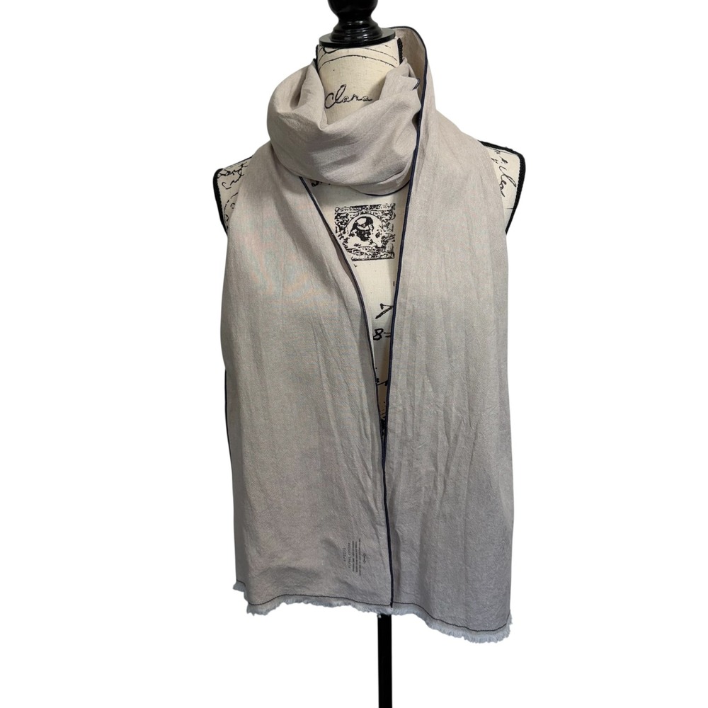 Apolis Global Citizen Cream & Navy Blue Linen Scarf Womens OS Fringed Minimalist